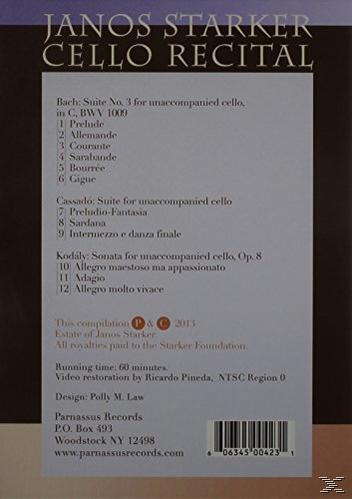 Rückseite eines CD-Covers von Janos Starker Cello Recital. Trackliste und Text in Blau und Weiß auf lila Hintergrund.