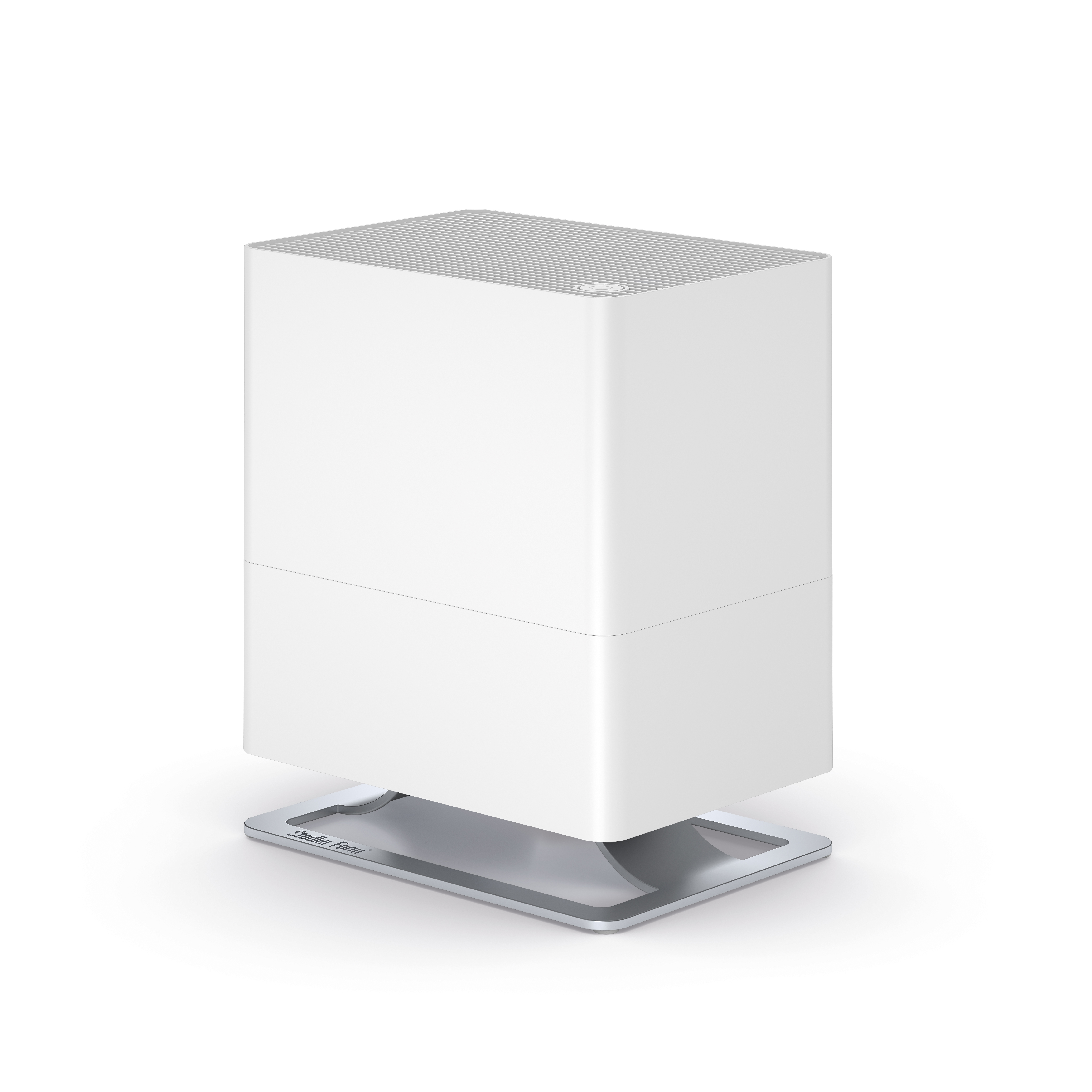 Weißer, rechteckiger Luftbefeuchter mit silberner Basis. Es ist ein modernes Design auf weißem Hintergrund.