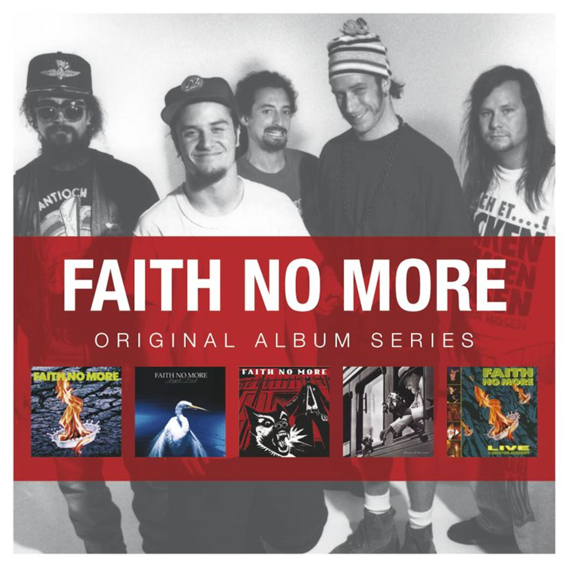 Albumcover: Band aus fünf Männern mit dem Bandnamen 'Faith No More' und Albumcovern.