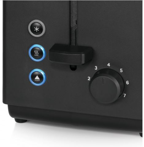 Schwarzer Toaster. Knöpfe für Einstellungen und ein Drehregler zum Bräunen mit den Zahlen 2-7.