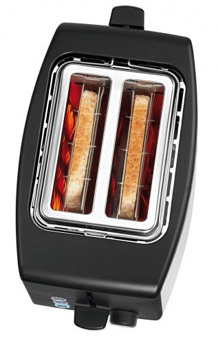 Ein schwarzer Toaster mit zwei Schlitzen. Zwei Brotscheiben bräunen darin.