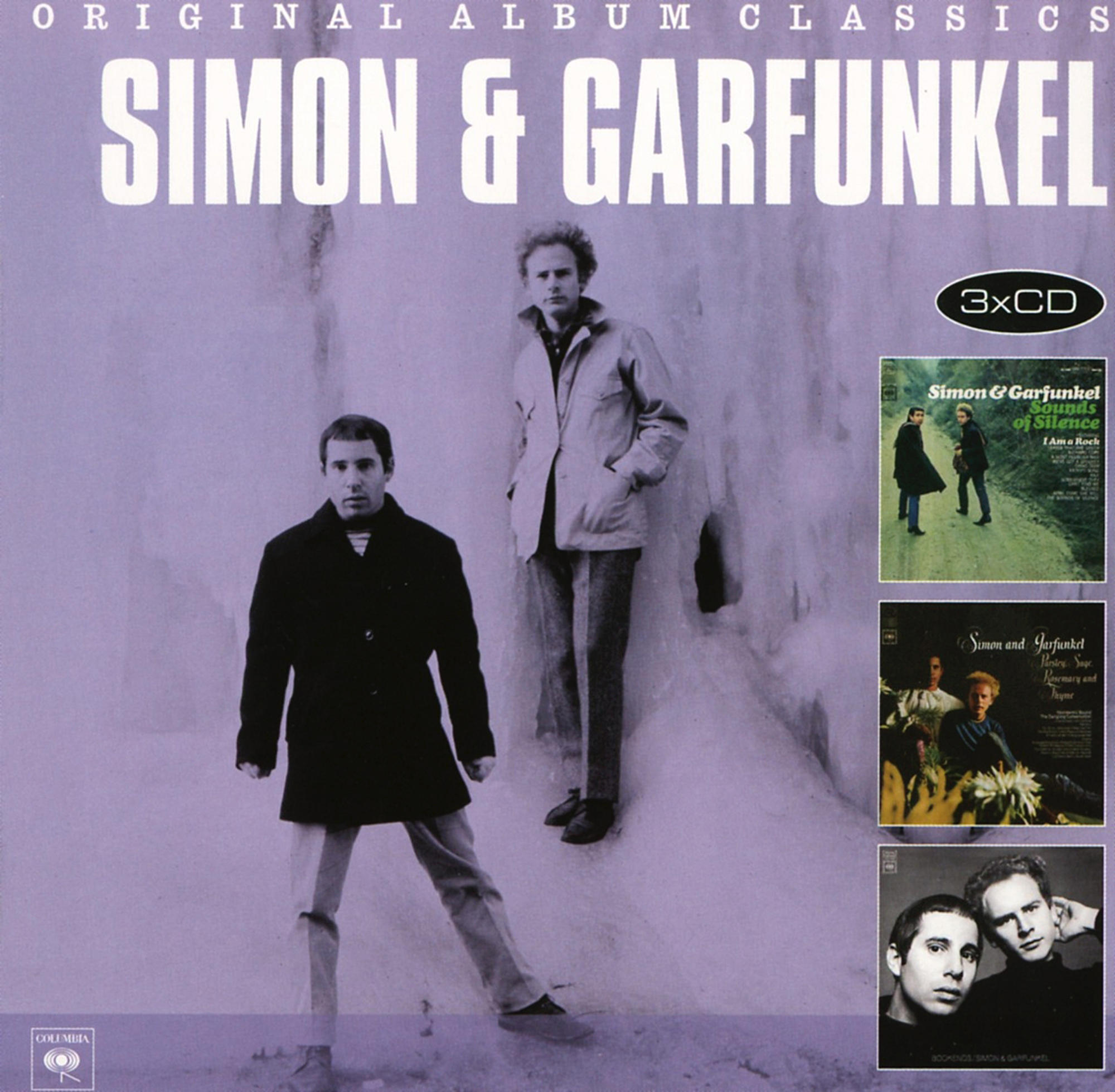 Simon & Garfunkel Albumcover mit drei Albumcovern und dem Duo in einer schneebedeckten Landschaft.
