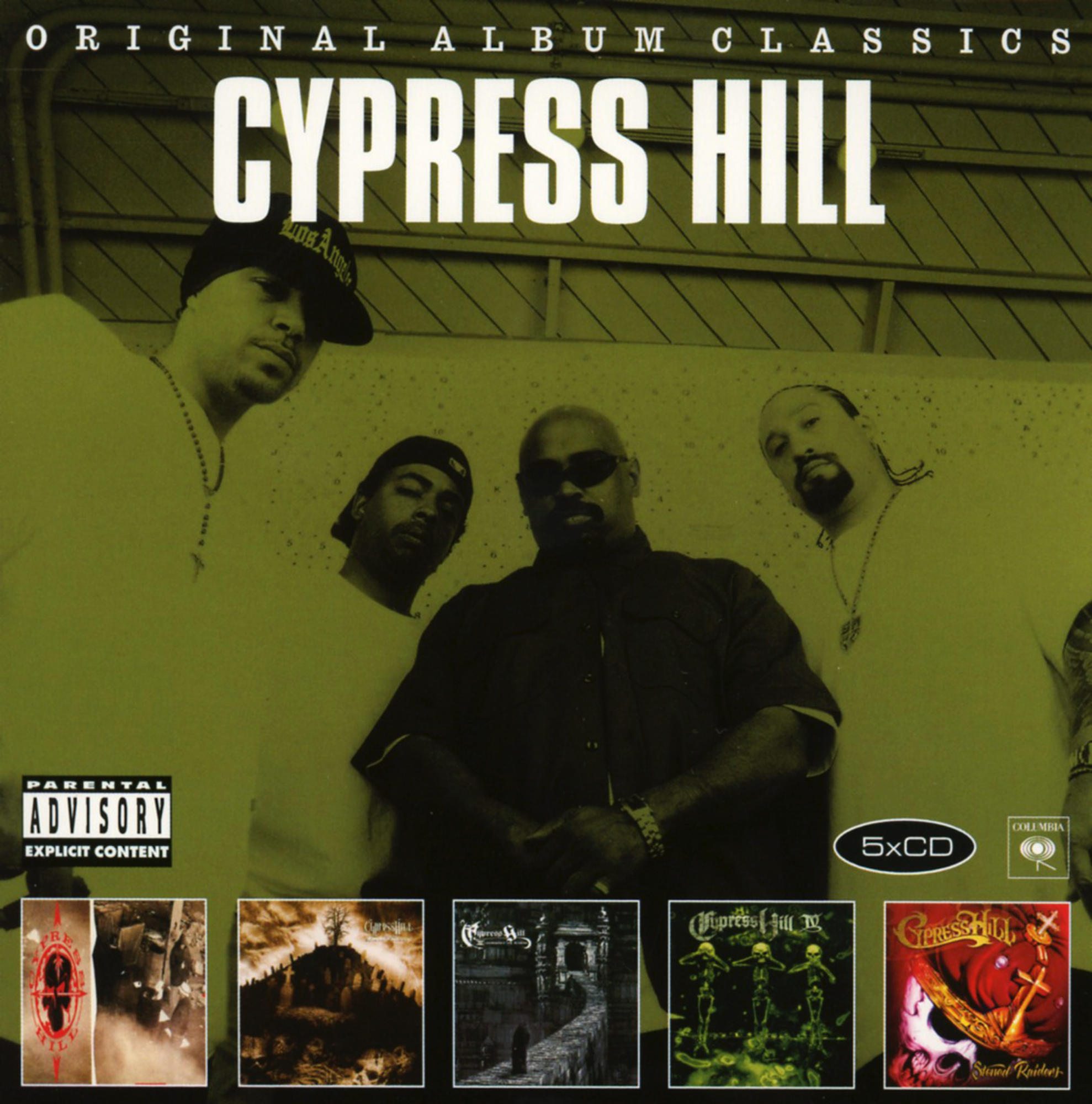 Albumcover mit Cypress Hill-Mitgliedern, mit grünem Hintergrund und kleineren Albumcovern.