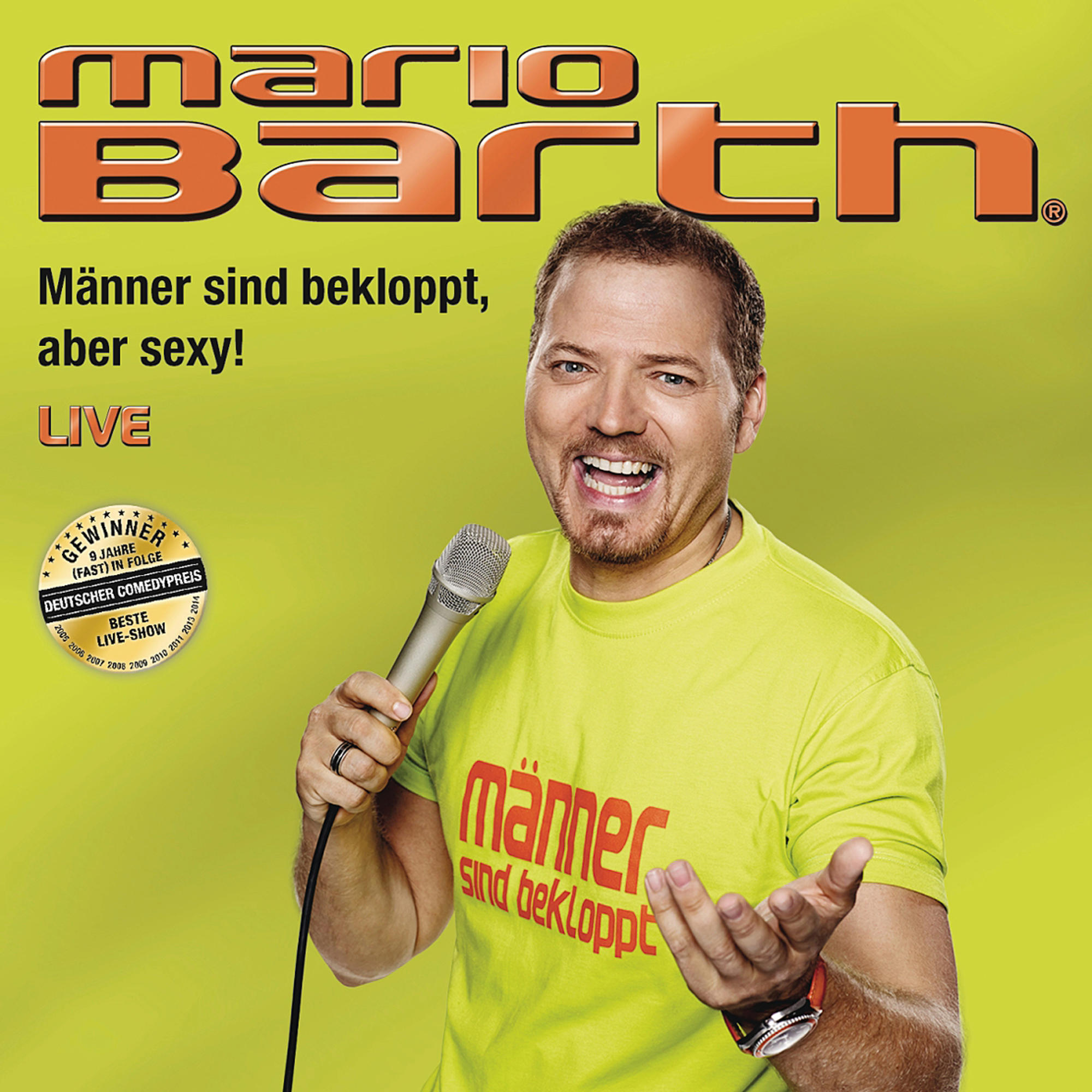 Albumcover mit einem Mann in gelbem Hemd, der lächelt und ein Mikrofon hält. Text ist auf Deutsch.