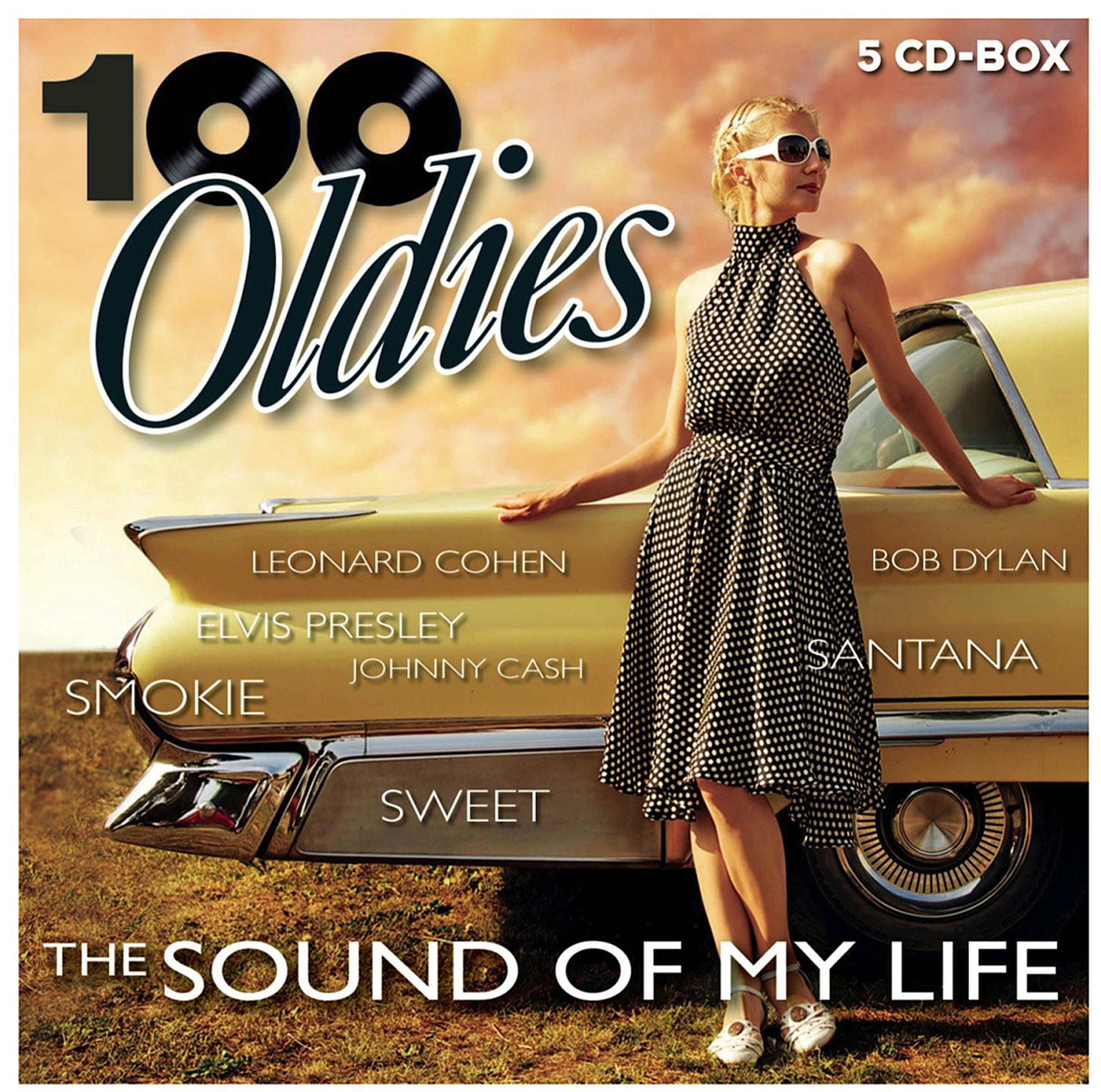 Albumcover mit einer Frau mit Sonnenbrille, einem gelben Auto und Songtiteln verschiedener Künstler.