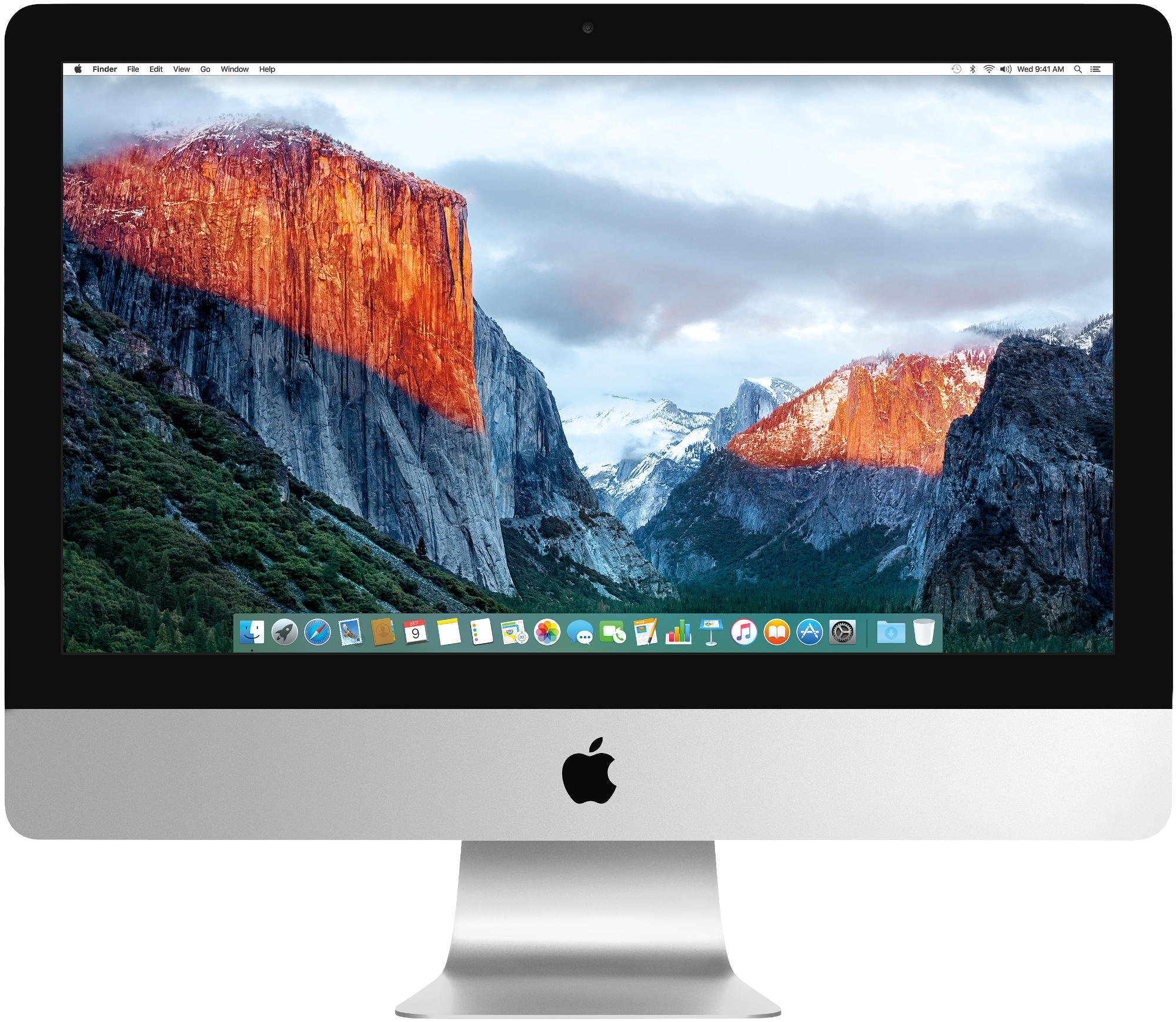 Silberner iMac-Computer mit einer Berglandschaft bei Sonnenaufgang. Apple-Logo unten in der Mitte.