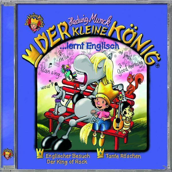 CD-Cover: Zeichentrickpferd auf einer Bank, Kind und andere Charaktere. Titel: Der Kleine König lernt Englisch.