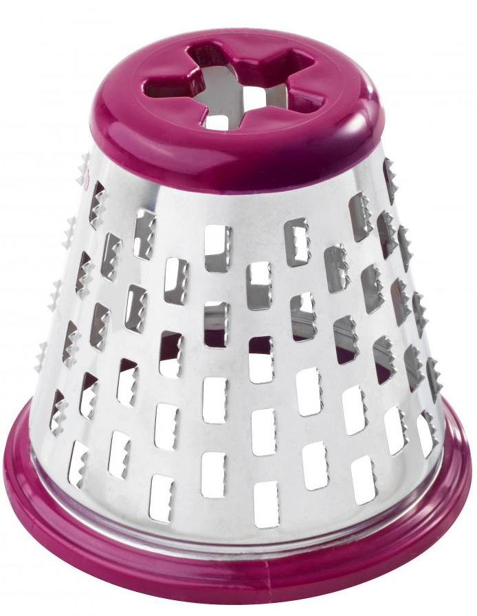 Een paarse en zilveren rasp met een kegelvorm en veel kleine gaten.