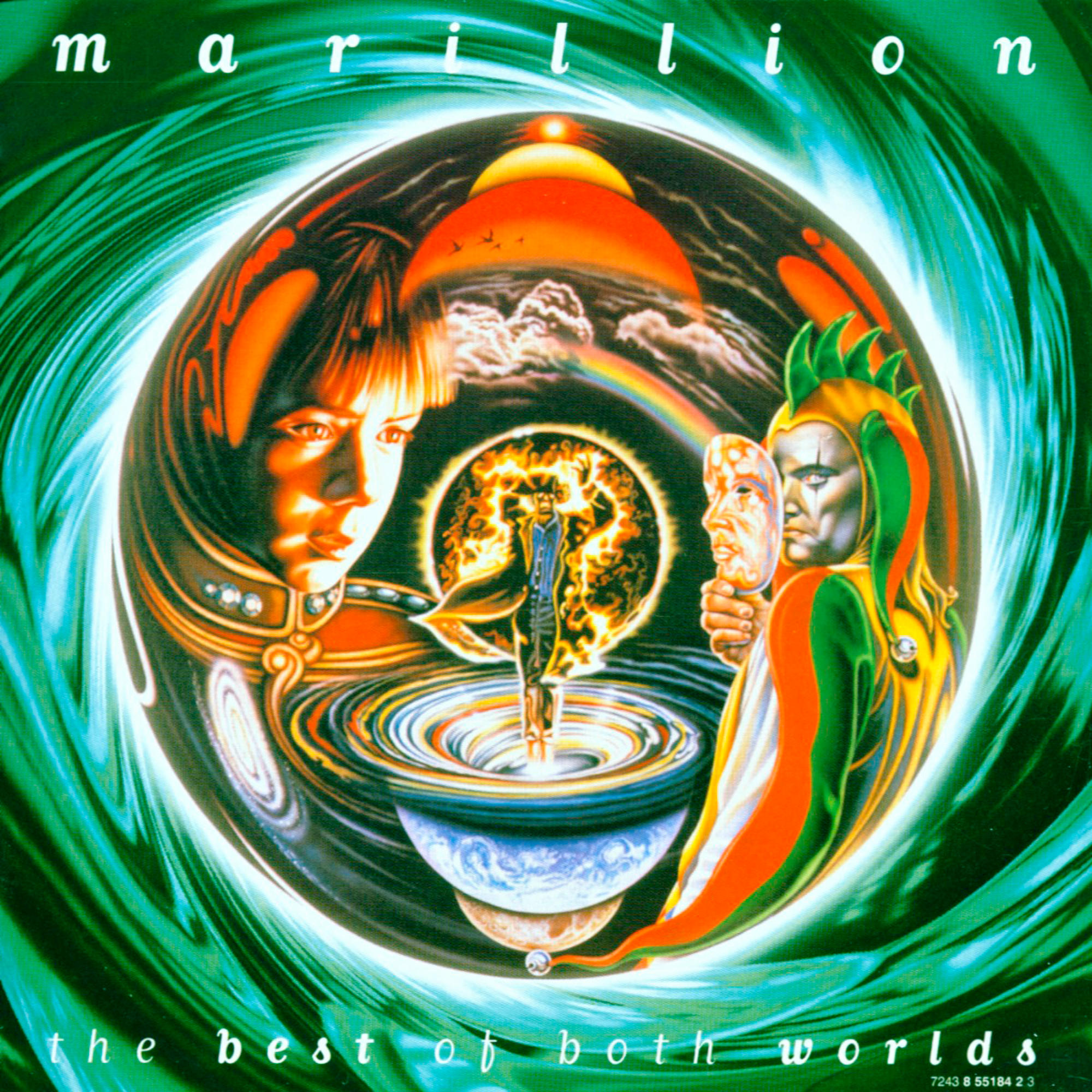 Albumcover mit Gesichtern und einer Kugel aus wirbelnden Farben, mit Text 'the best of both worlds'.