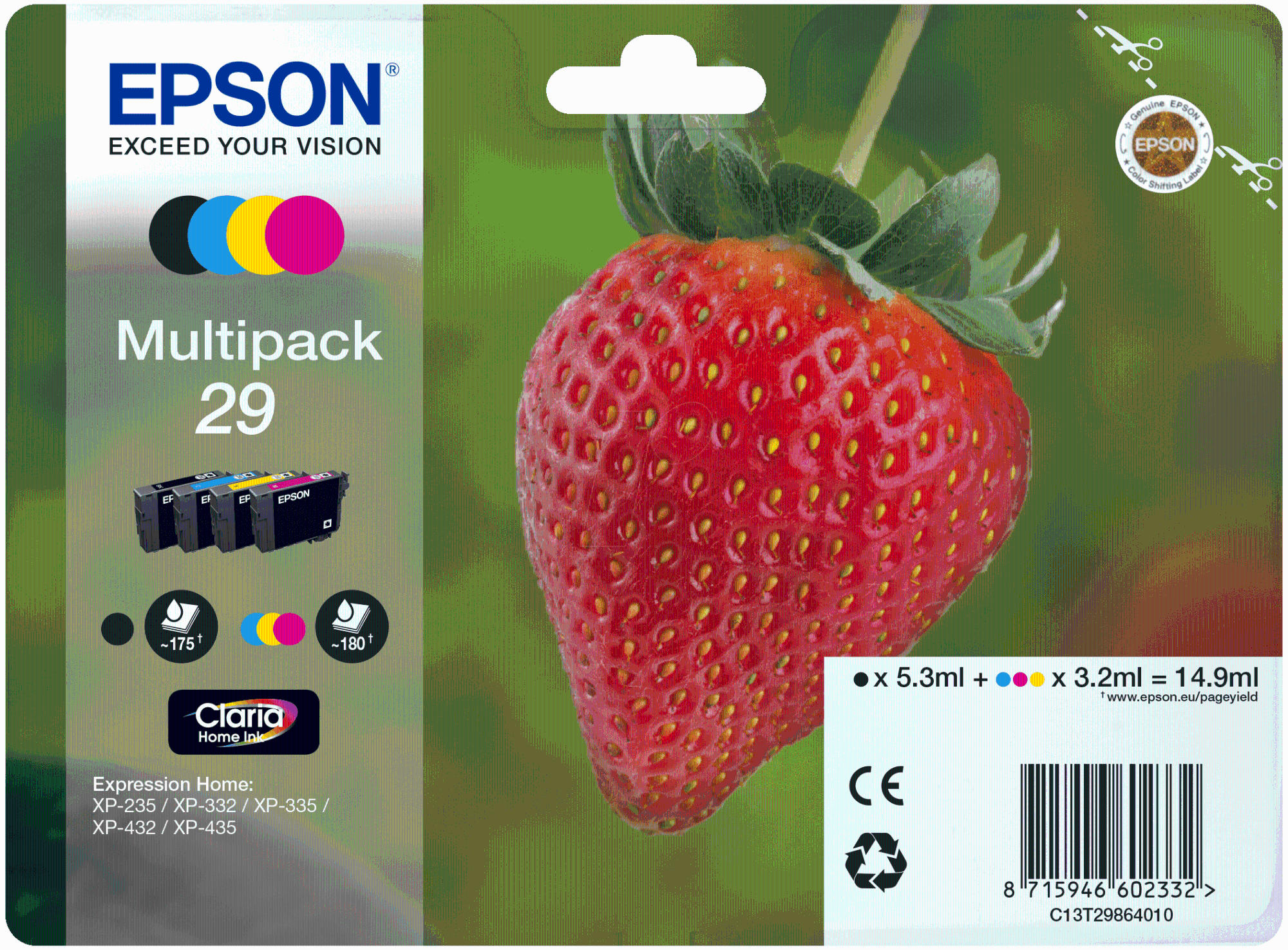 Confezione di cartucce d'inchiostro Epson con una fragola. La confezione contiene inchiostri ciano, magenta, giallo e nero.