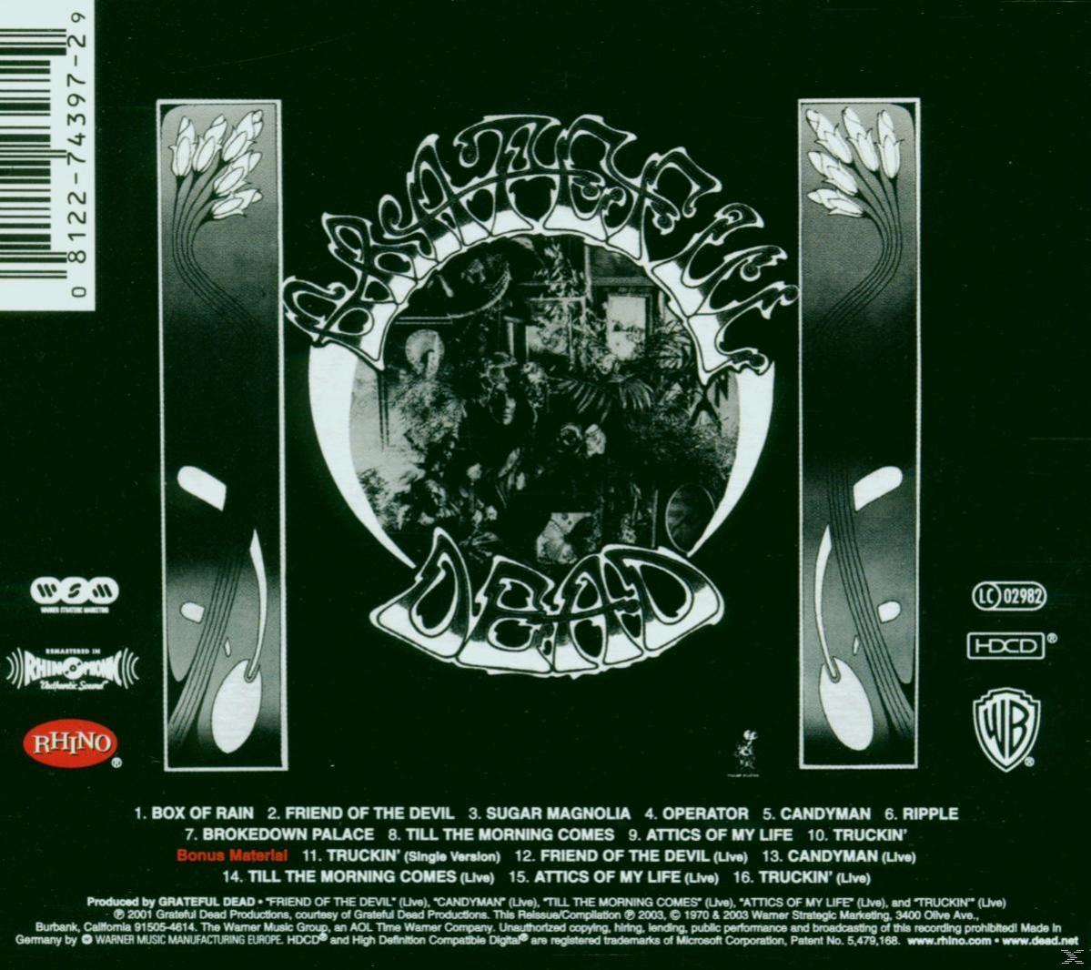 A Grateful Dead album hátlapja. Fekete, szöveggel, logóval és dal listával.