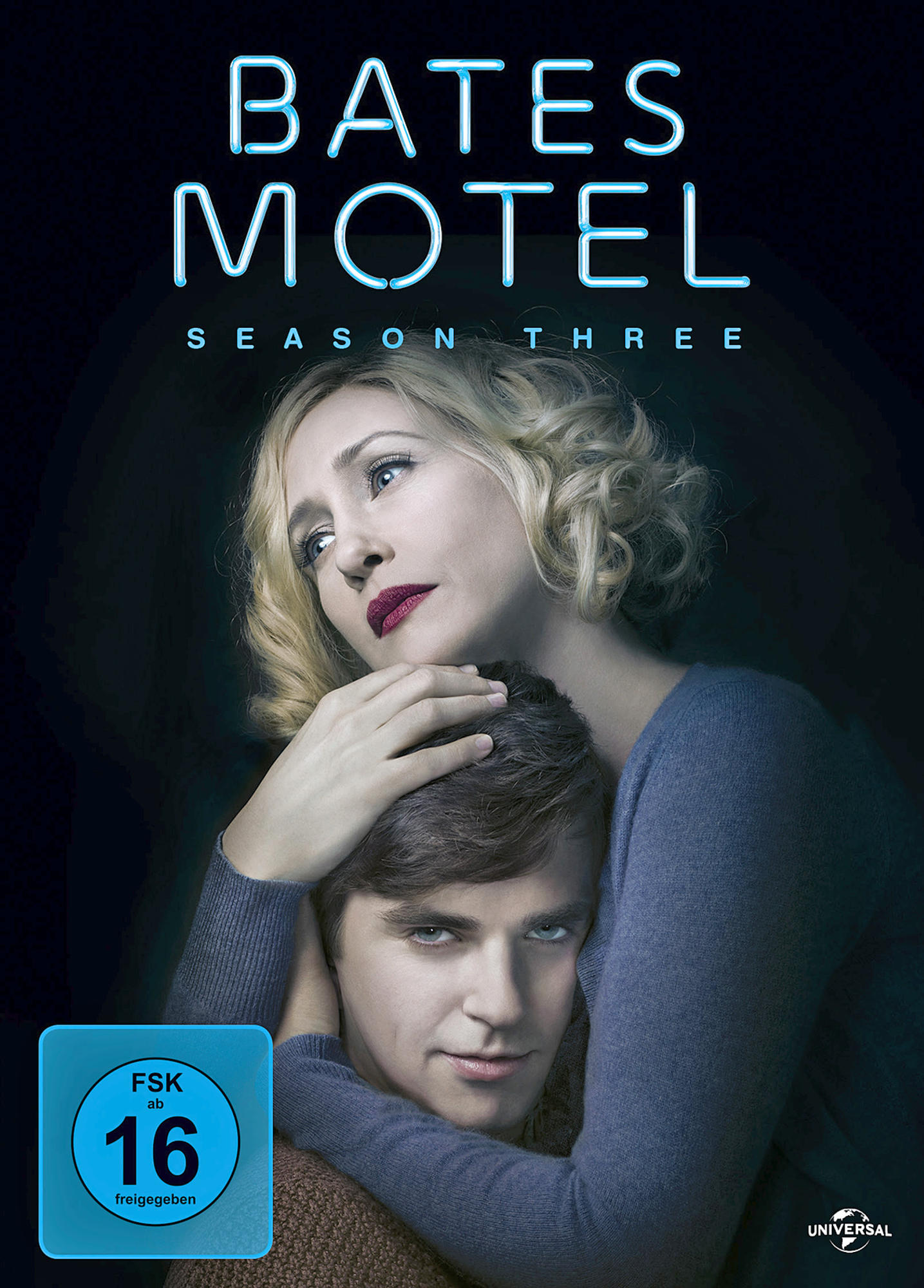 Bates Motel Staffel Drei DVD-Cover mit einer Frau und einem Mann.