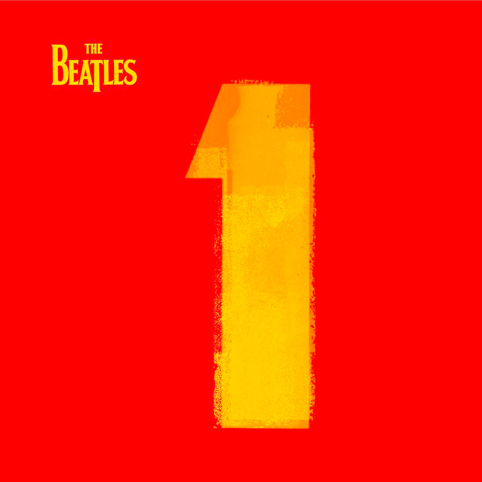 Albumcover. Eine große gelbe Eins auf rotem Hintergrund. Die Beatles stehen über der Zahl.