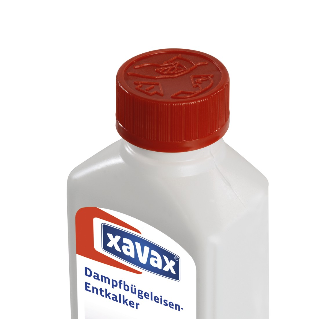 Weiße Flasche mit rotem Deckel und Etikett mit Text 'Dampfbügeleisen-Entkalker'.