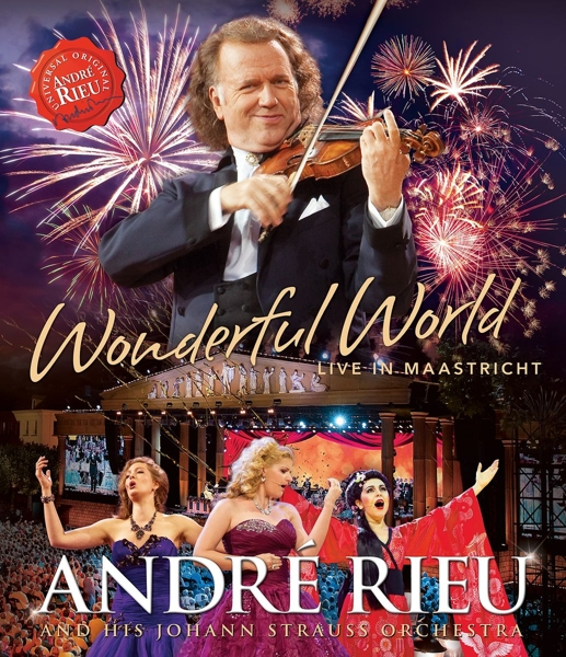 Albumcover mit André Rieu, der Geige spielt. Feuerwerk im Hintergrund, Sänger unten.