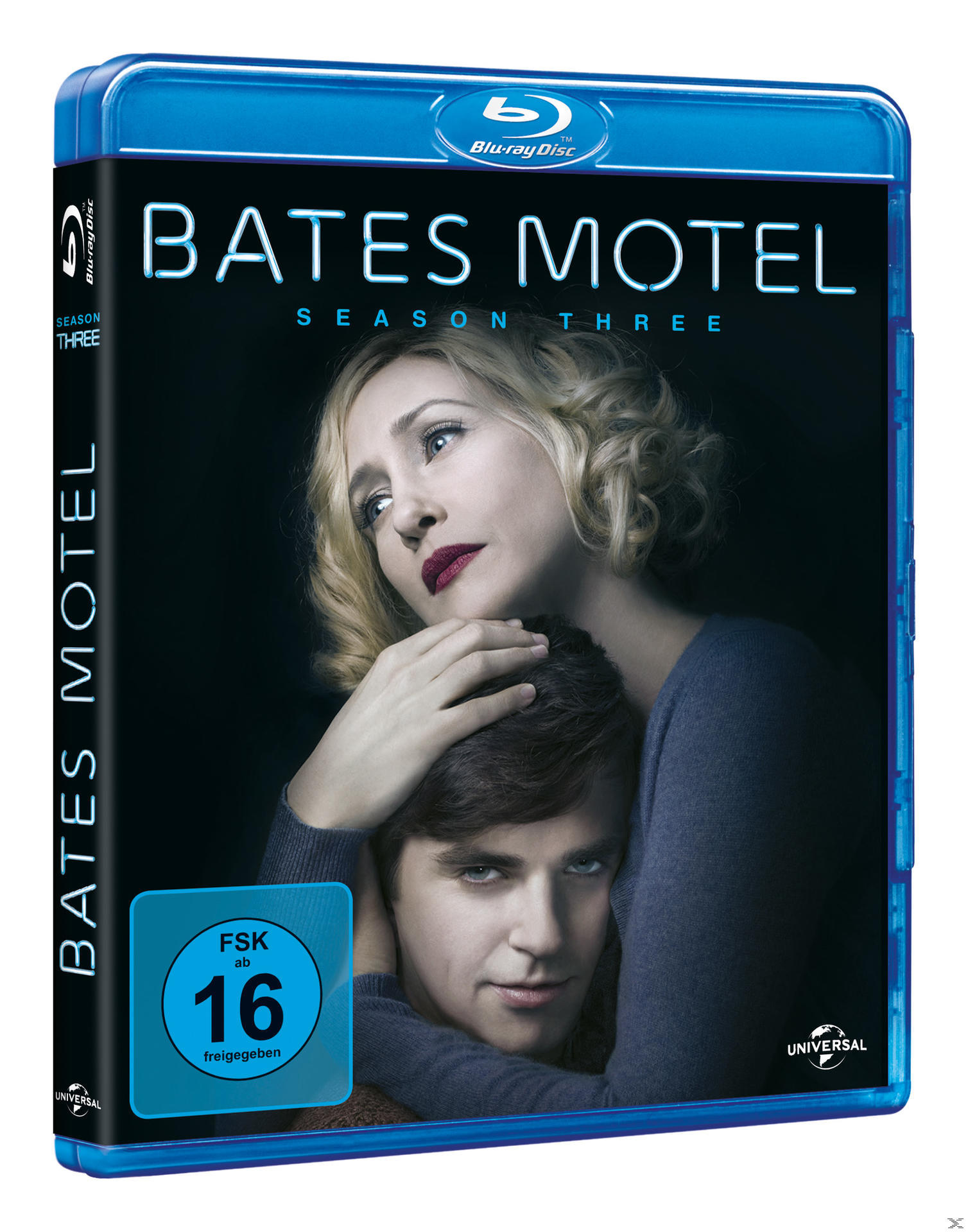 Blu-ray-Cover für Bates Motel. Zeigt eine Frau, die einen Mann umarmt. Blaues und schwarzes Farbschema.