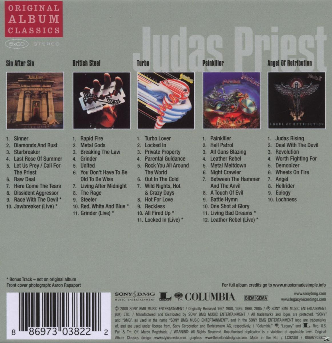 Albumcover mit dem Text 'Judas Priest' und Bildern der Songs des Albums.