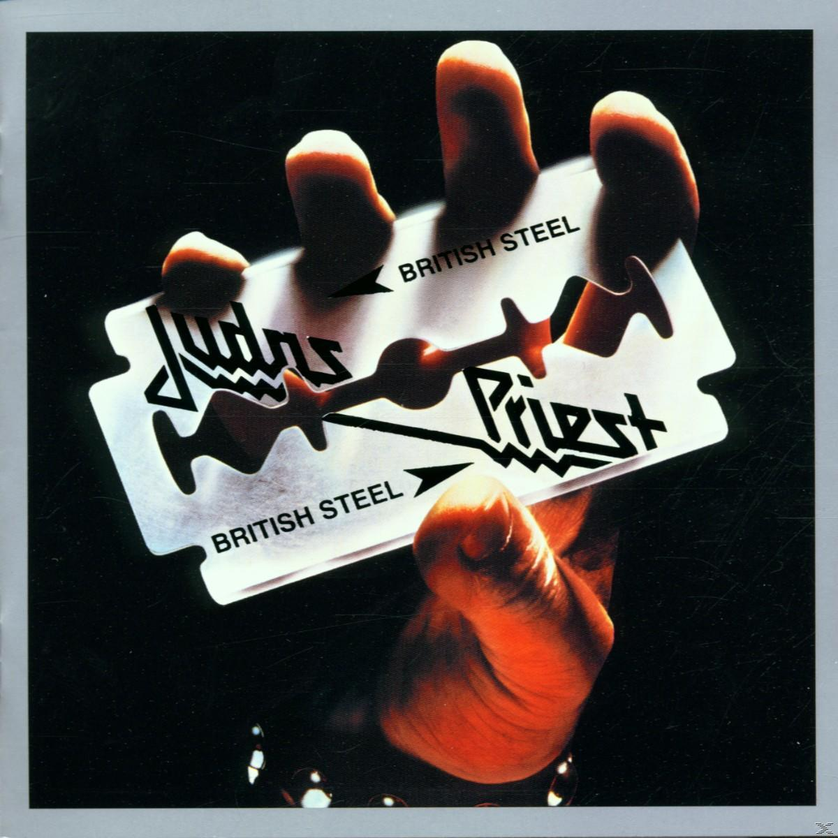 Album borító: Egy kéz borotvapengét tart. A szöveg a következő: 'Judas Priest British Steel'.