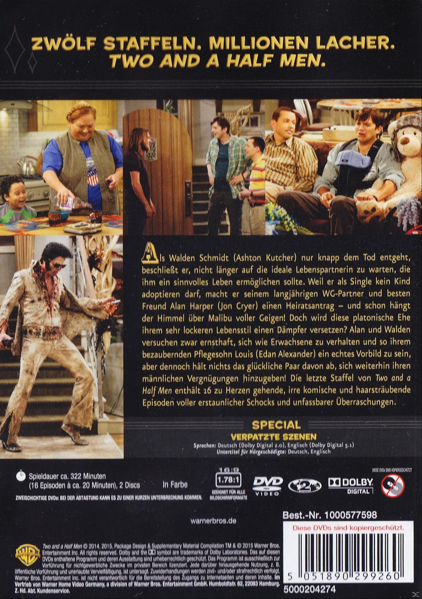 Two and a Half Men DVD-Rückseite. Schauspieler am Set, Text über die Show.