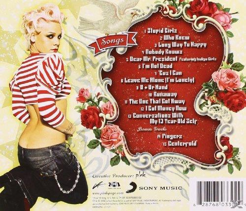 Rückseite des Pink-Albums. Enthält eine Liste der Songs und ein Foto von Pink.