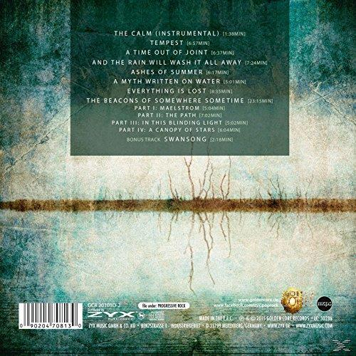 Rückseite einer CD mit Titelliste und einer verschwommenen Illustration von Baum und Wasser.