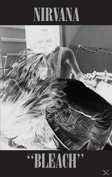 Albumcover für Nirvanas 'Bleach', Schwarz-Weiß-Bild eines Bandmitglieds, Gitarre und Schlagzeug.