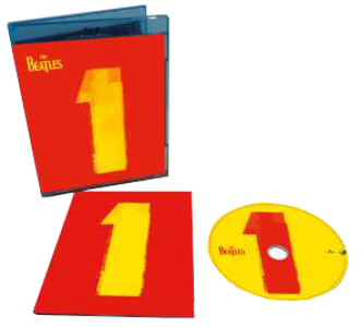 A Beatles '1' album borítója, piros háttérrel és sárga 1-es számmal a CD tokon és lemezen.