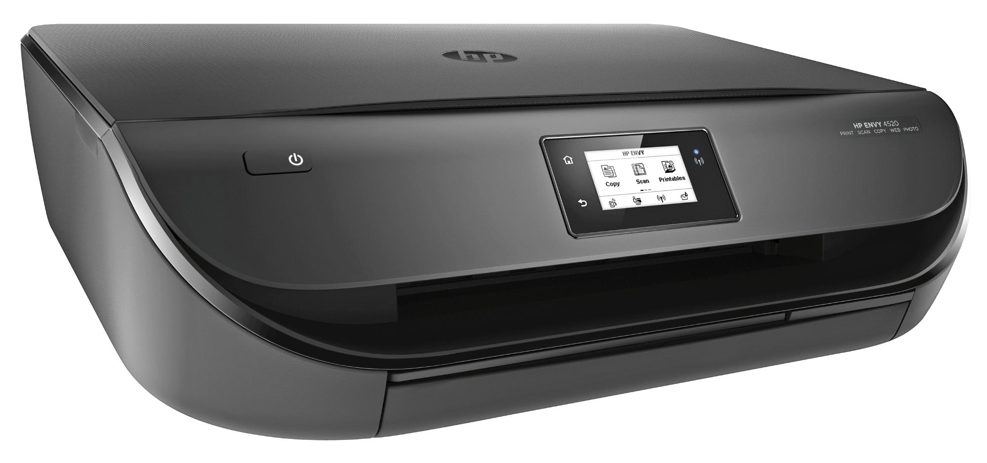 Impresora HP ENVY 4520 negra. Tiene una pequeña pantalla y un botón de encendido. El logotipo de HP está en la parte superior.
