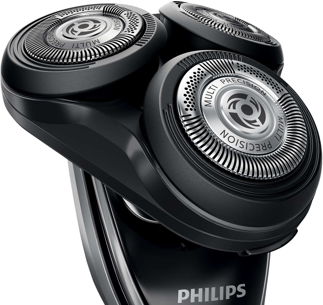 Egy fekete Philips elektromos borotva közelképe, három forgó fejjel.