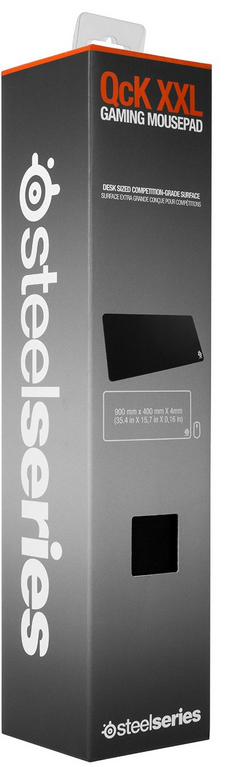 Een hoge doos van een Steelseries gaming muismat. De doos is donkergrijs met witte tekst.