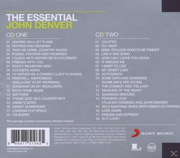 CD-borító, John Denver 'The Essential' című albumának számlistája. Két CD szerepel.
