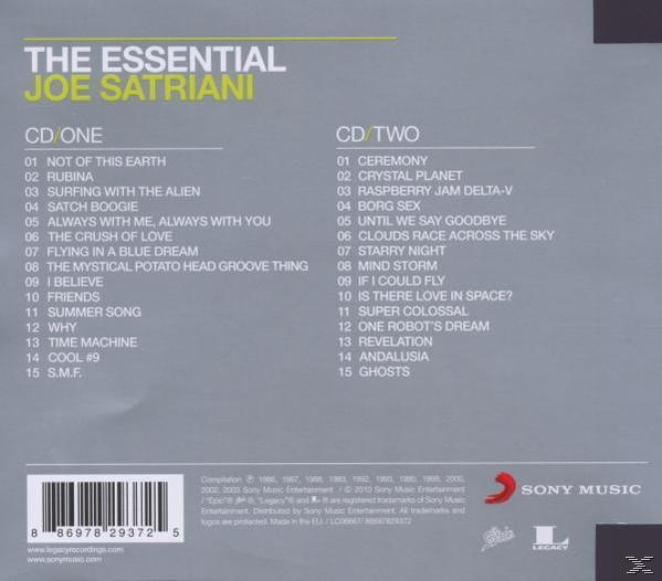 Albumcover mit dem Text 'THE ESSENTIAL JOE SATRIANI' und einer Liste von Songs.