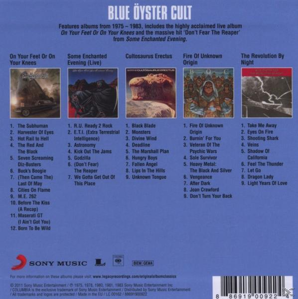 Blue Oyster Cult Albumcover. Mehrere Albumcover und Titellisten sind abgebildet.
