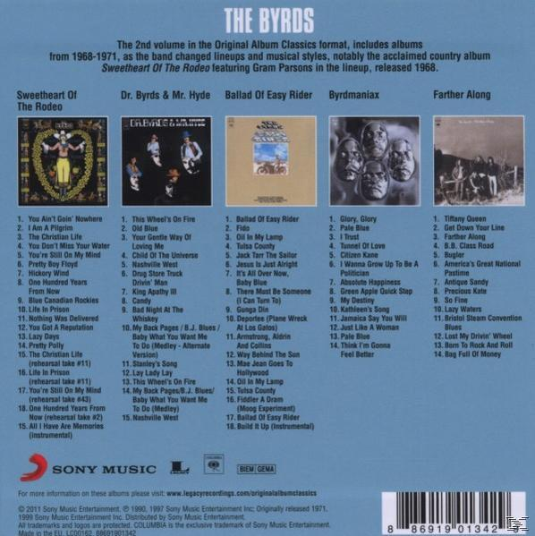 Albumcover mit Titellisten. Text: The Byrds Sweetheart of the Rodeo und andere Alben.