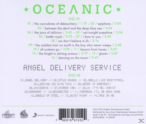Rückseite eines Albums, grüner Text, Songtitel aufgelistet. Der Titel lautet OCEANIC mit Sternen.