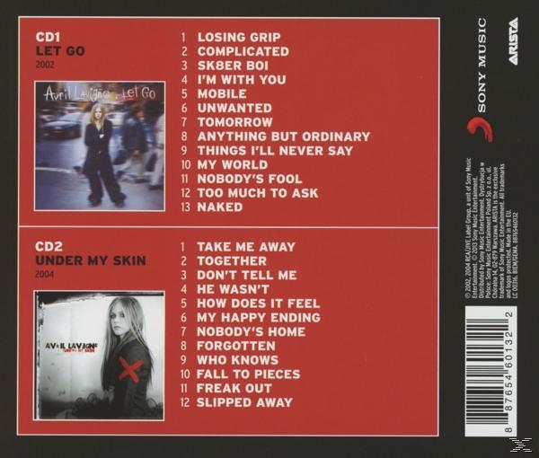 CD-Cover mit Titellisten für zwei Avril Lavigne-Alben, 'Let Go' und 'Under My Skin'.