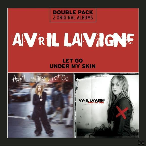 Doppelalbum-Cover: Avril Lavignes Let Go und Under My Skin, zeigt sie mit rotem X. Roter Hintergrund.