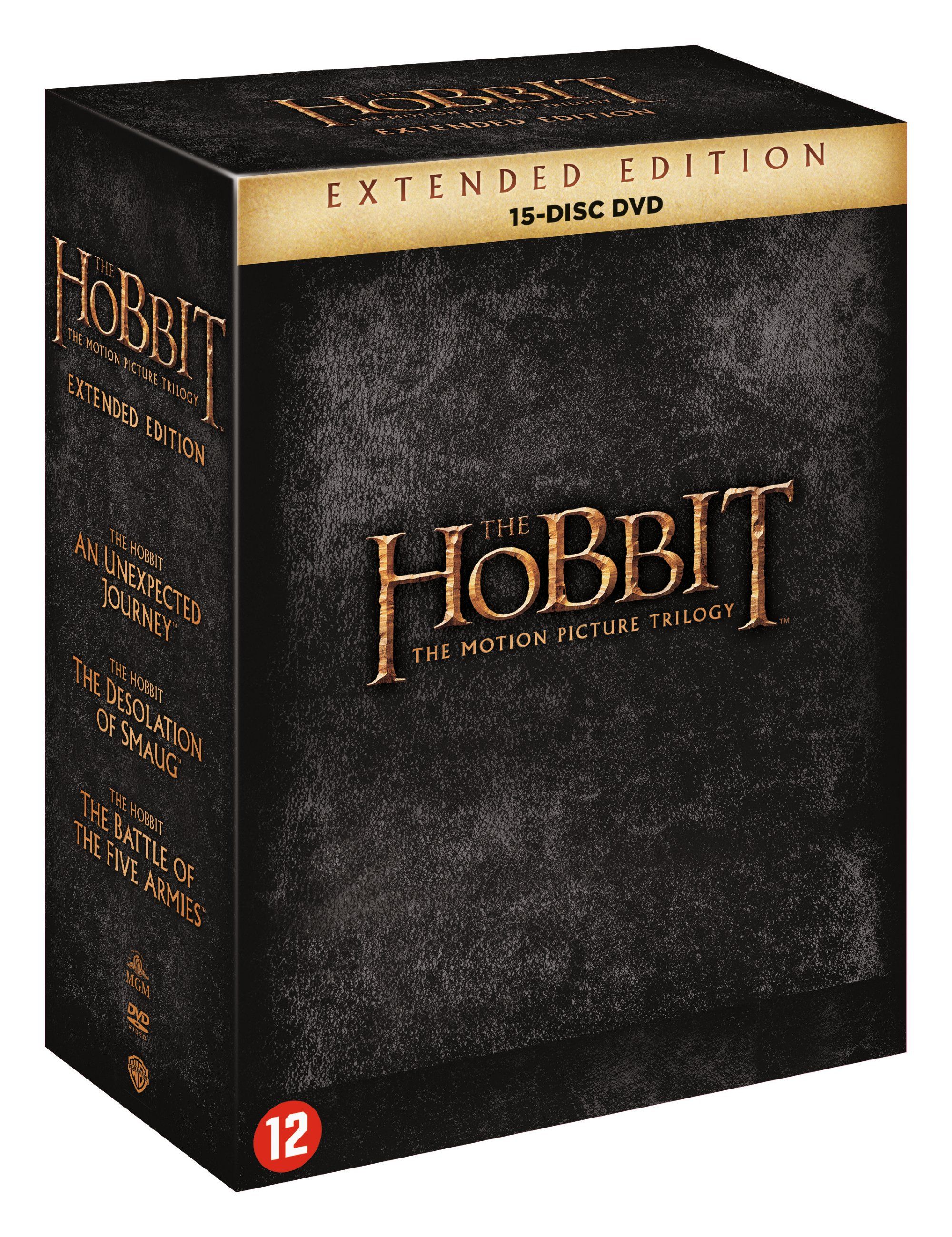Zwarte boxset voor 'The Hobbit' trilogie extended edition dvd's, met de titel en filmtitels.
