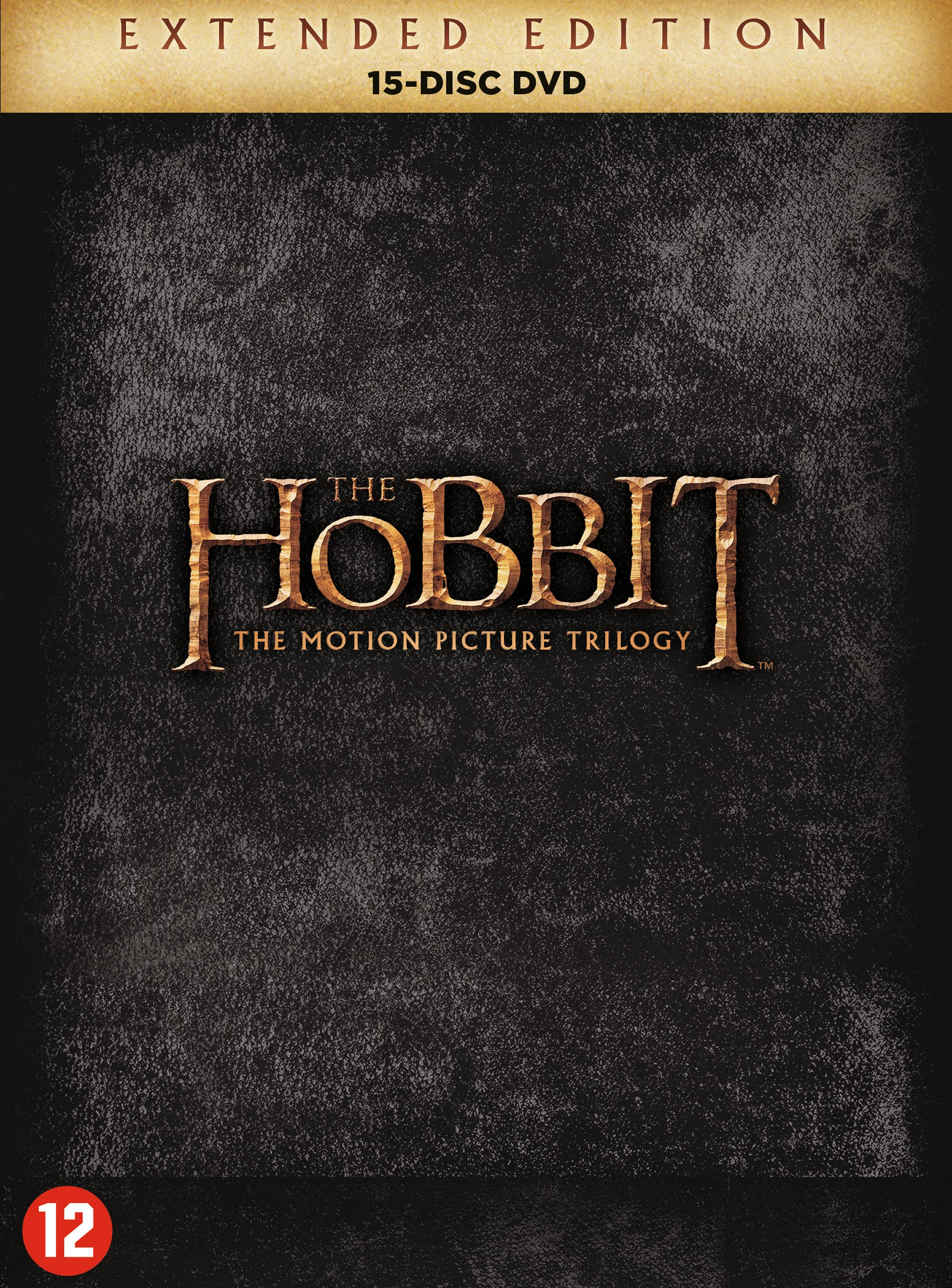 DVD-hoes voor "The Hobbit" trilogie. Donkere achtergrond met de titel en een rating van 12. Extended Edition.