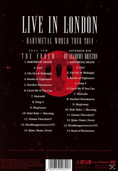 BABYMETAL DVD-Rückseite. Trackliste, das Logo der Band mit rotem Kreis.