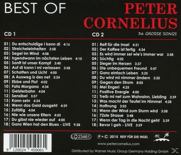 Rückseite einer Peter Cornelius CD mit Titellisten auf zwei CDs. Weißer Hintergrund mit Text.