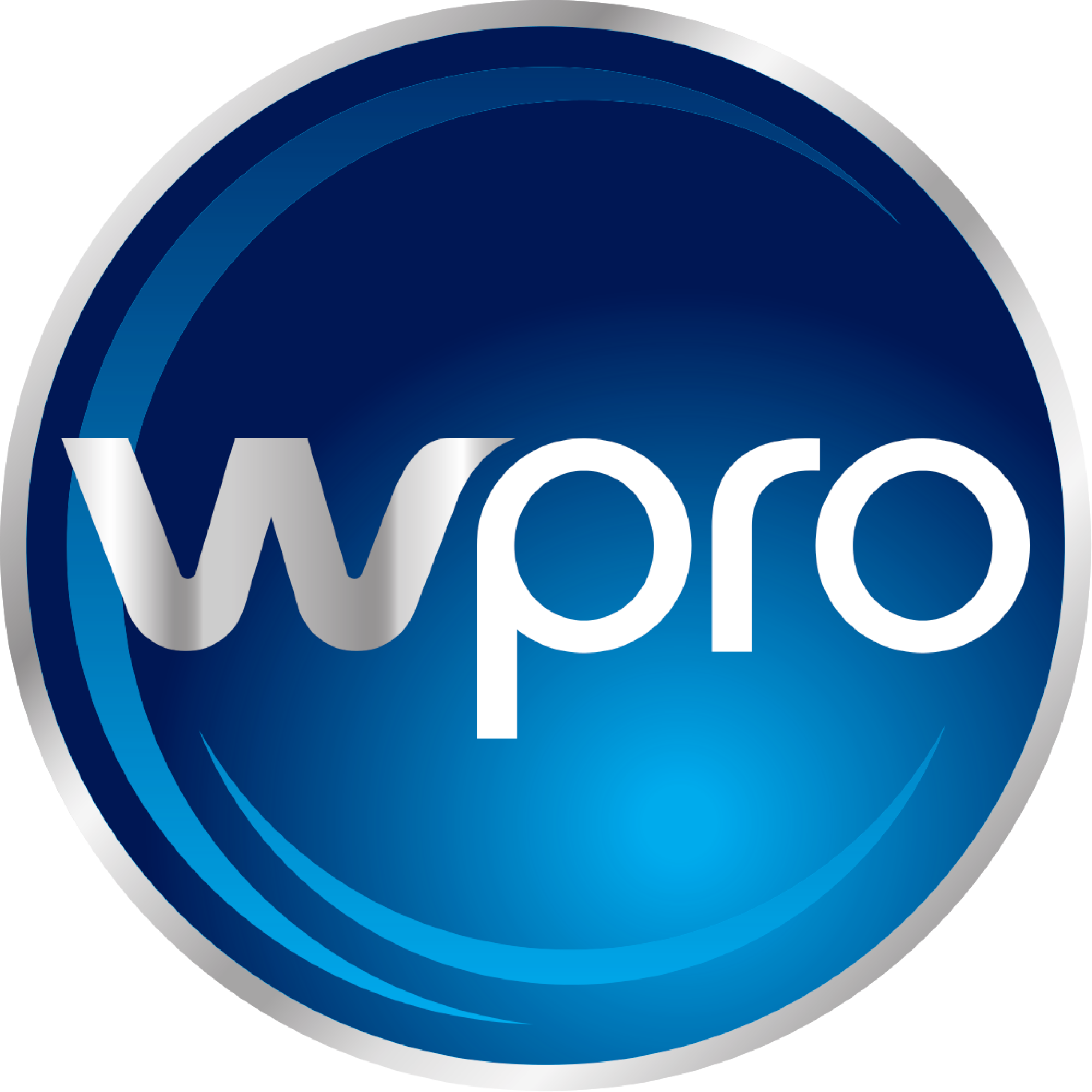 Wpro-logo. Een blauwe cirkel met zilveren tekst erin. De tekst is 'Wpro'.