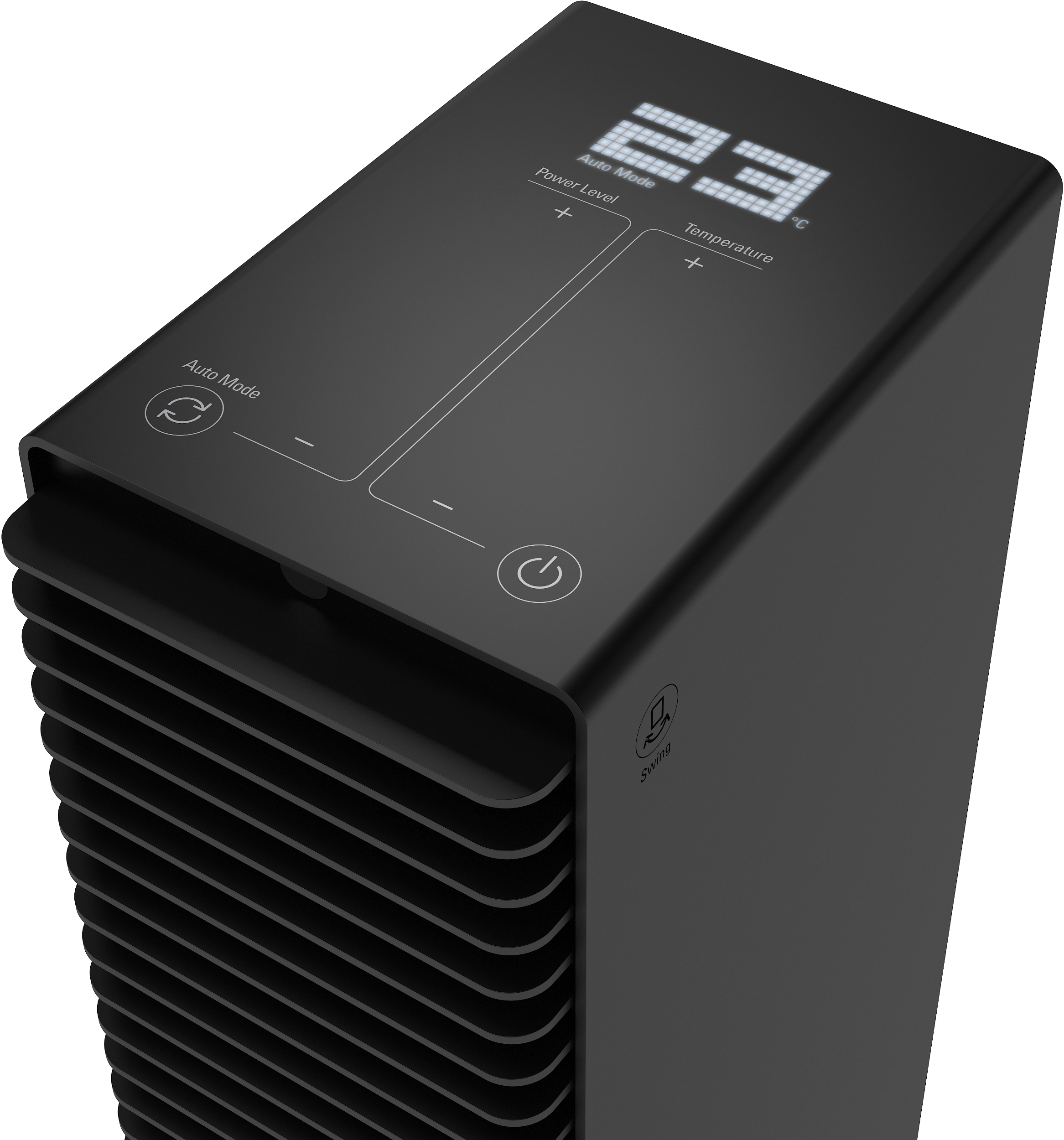 Ein schwarzes, hohes elektronisches Gerät mit beleuchtetem Display, das Leistungsstufe und Temperatur zeigt.