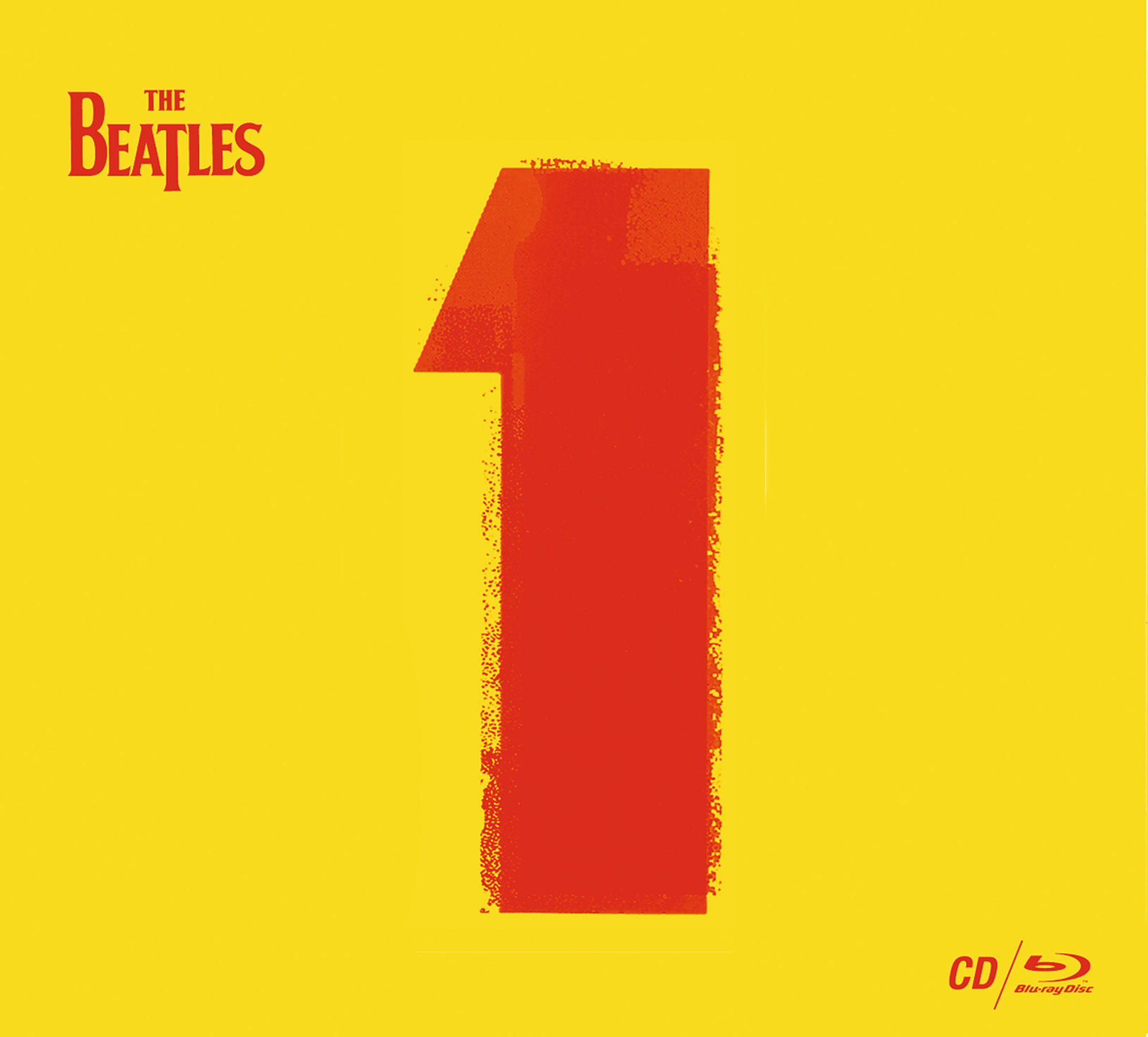 Das Beatles-Albumcover mit einer großen roten Eins auf gelbem Hintergrund und ihrem Logo.