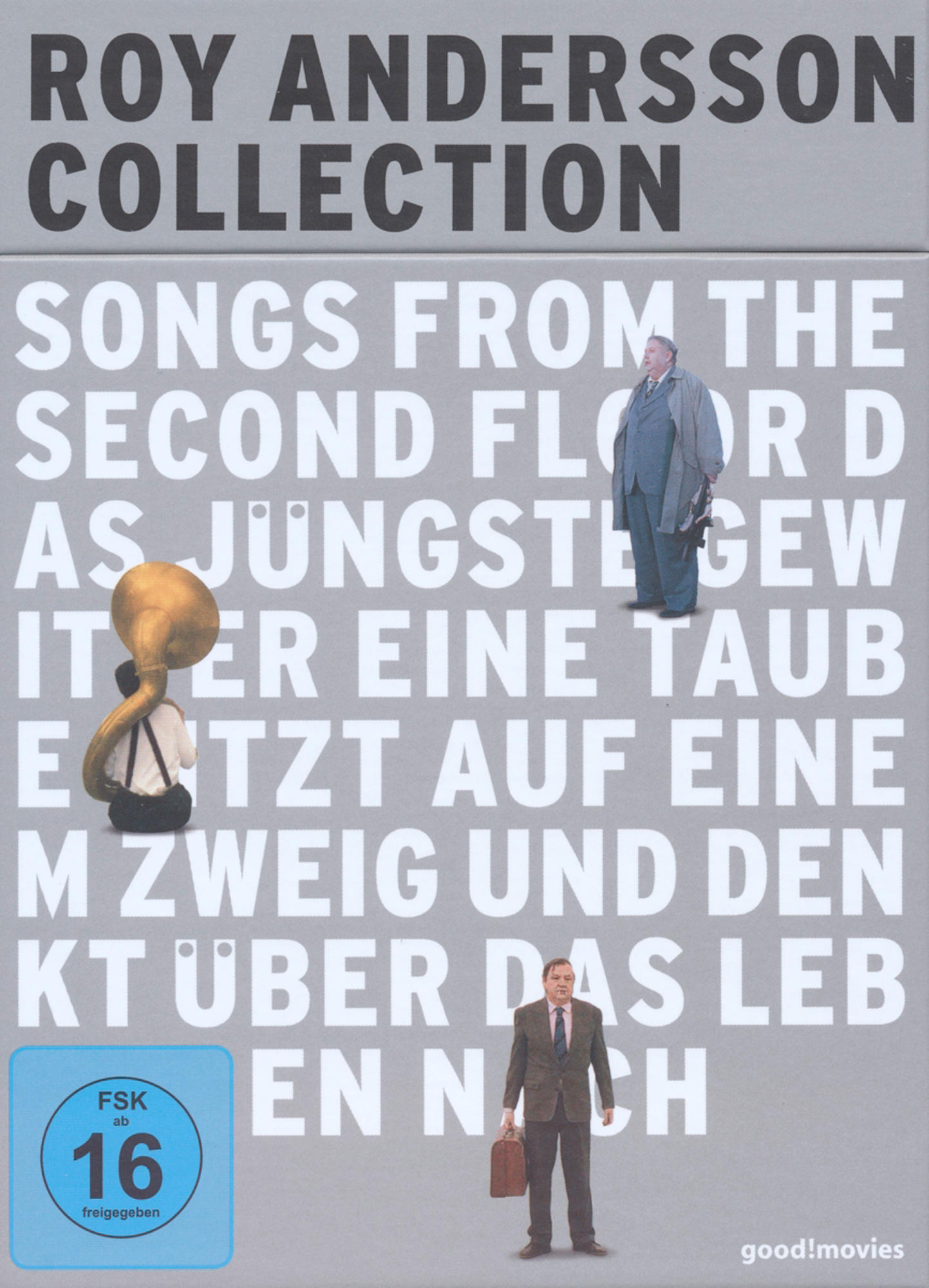 DVD-Cover mit Text auf Deutsch, mit Bildern von Menschen und Text. Der Titel lautet "Roy Andersson Collection".