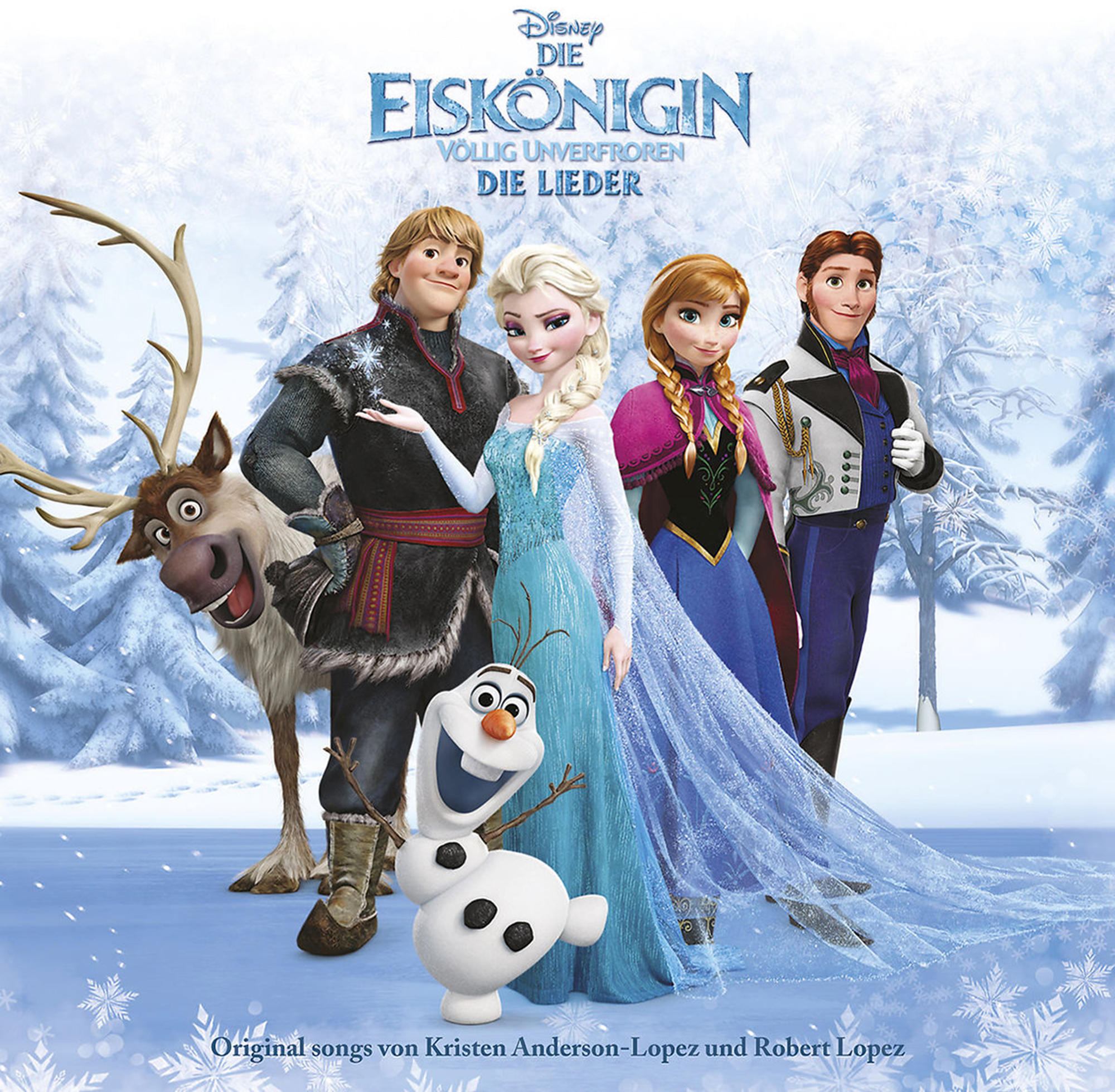CD-Cover: Disneys Eiskönigin. Charaktere: Elsa, Anna, Olaf, Kristoff und Sven, das Rentier.