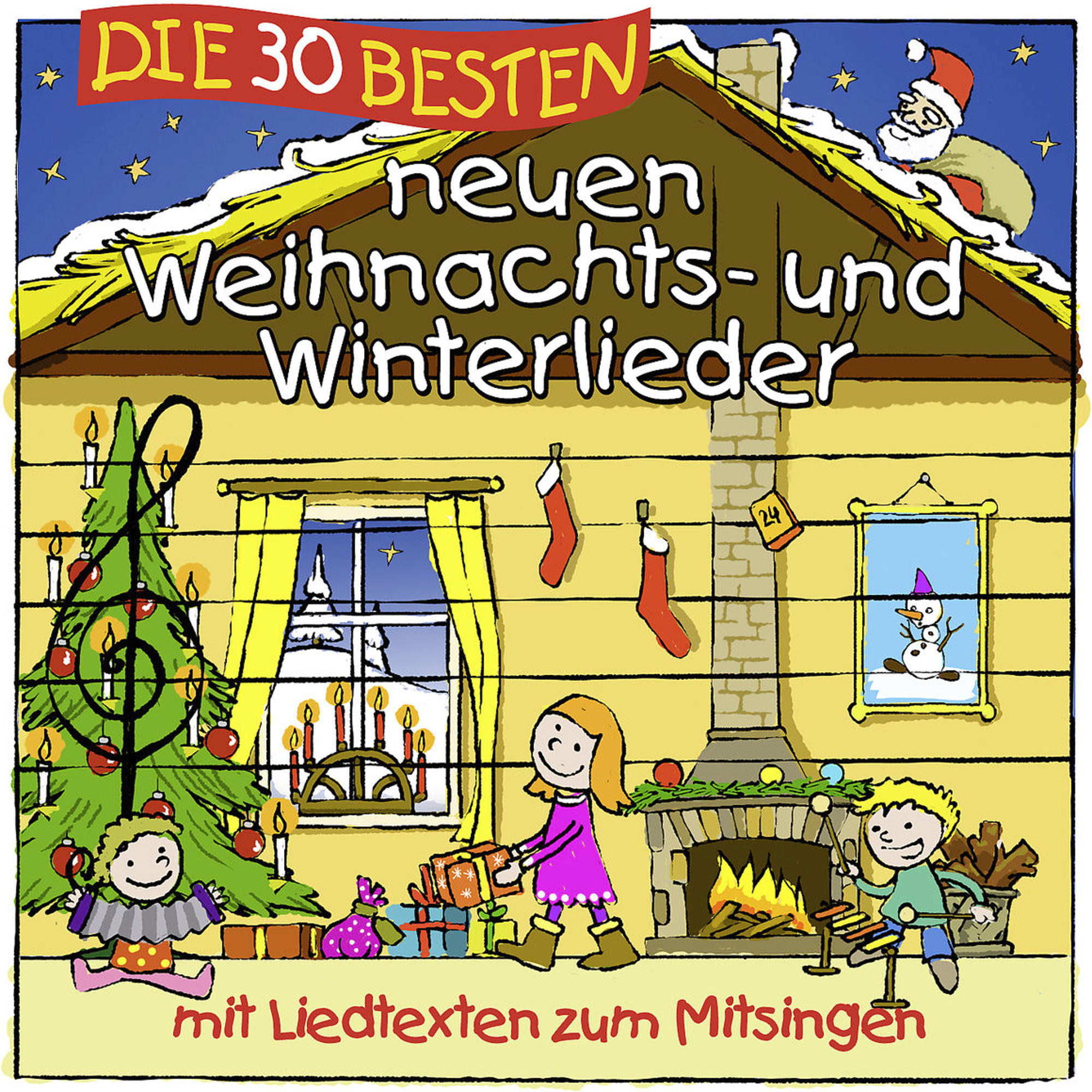 Eine weihnachtliche Illustration. Ein Haus mit Weihnachtsbaum und Menschen. Ein Schneemannbild und der Weihnachtsmann.