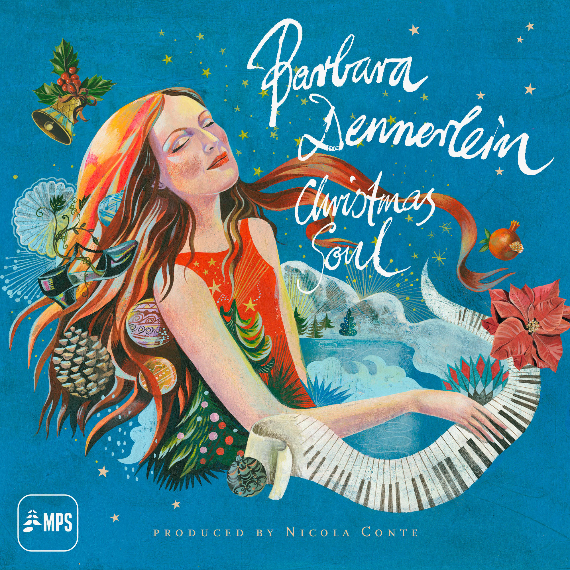 Albumcover von Barbara Dennerlein. Illustrierte Frau mit geschlossenen Augen, Klaviertasten und Weihnachtselementen.