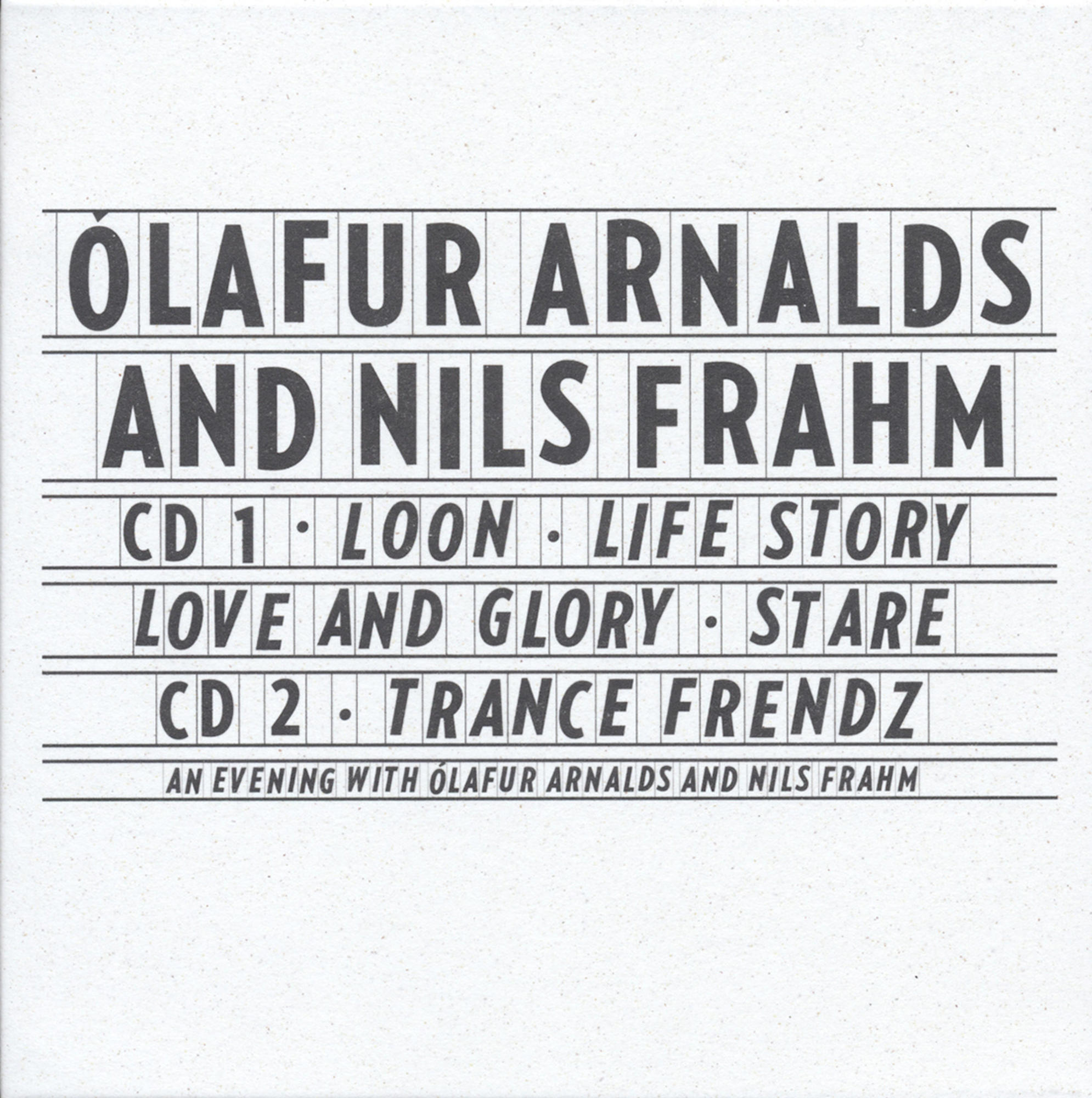 CD-Cover mit Text und Schwarz-Weiß-Farbschema. Enthält Songtitel.