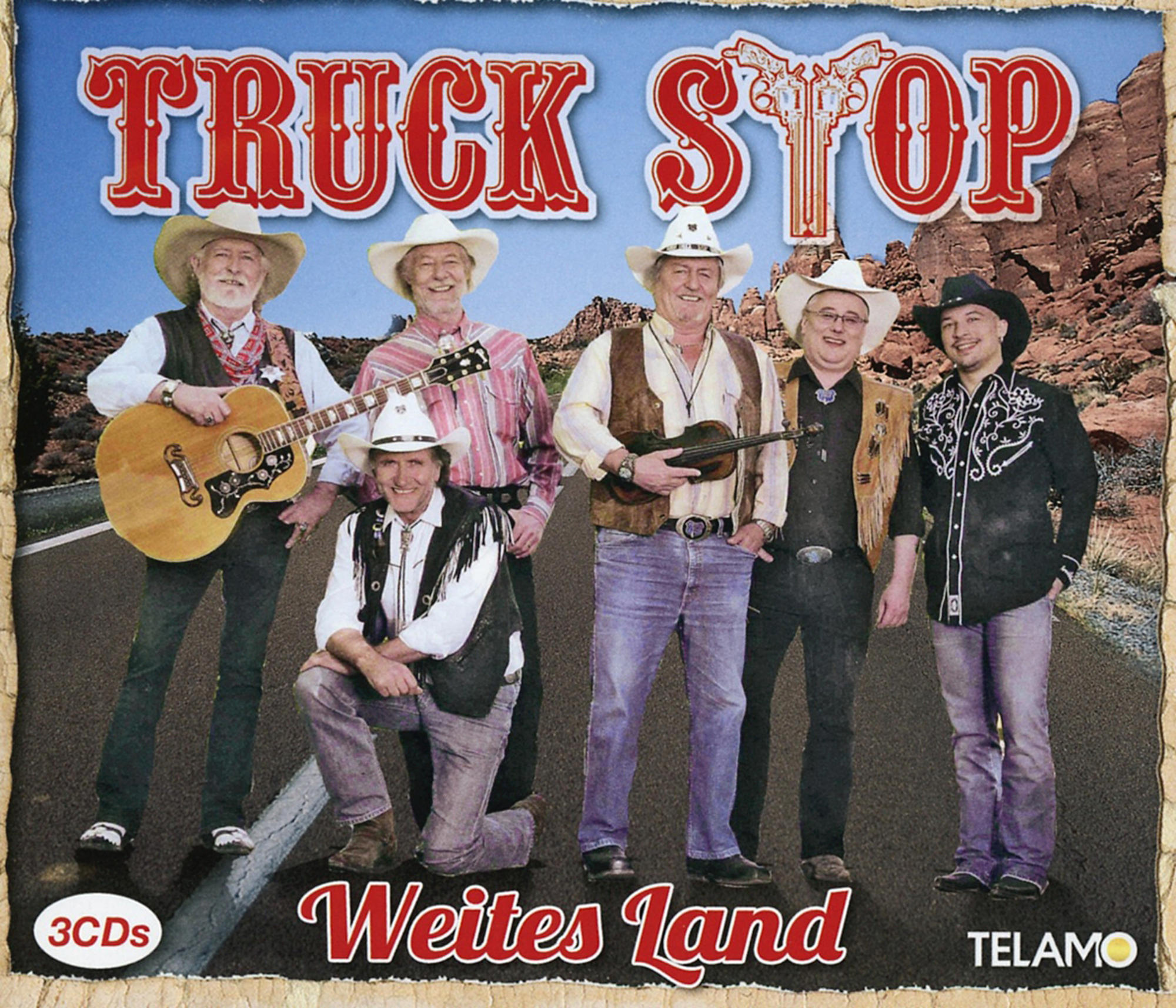 Albumcover: Cowboys mit Gitarren und einer Geige, auf einer Straße, mit einem Truck-Stop-Schild.